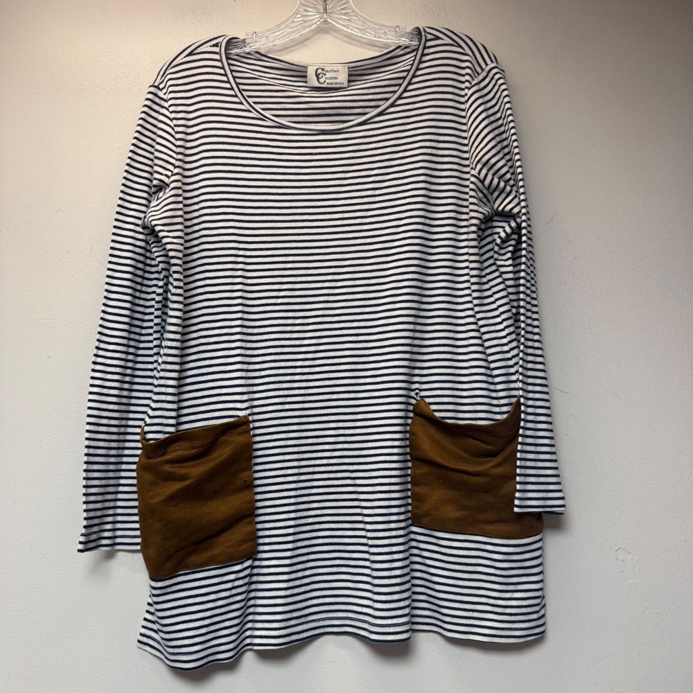 Christian Caliendo Tunic Top Women Small Blue White Striped Excellent Pockets